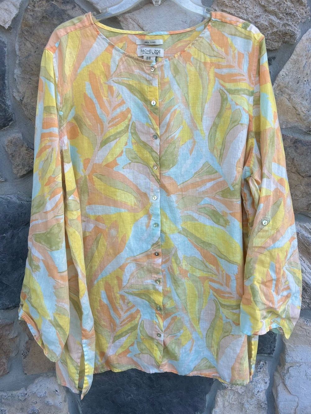 Rachel Zoe 100% Linen Button Up Top 2X Tropical Blouse Resort Beach Vacation